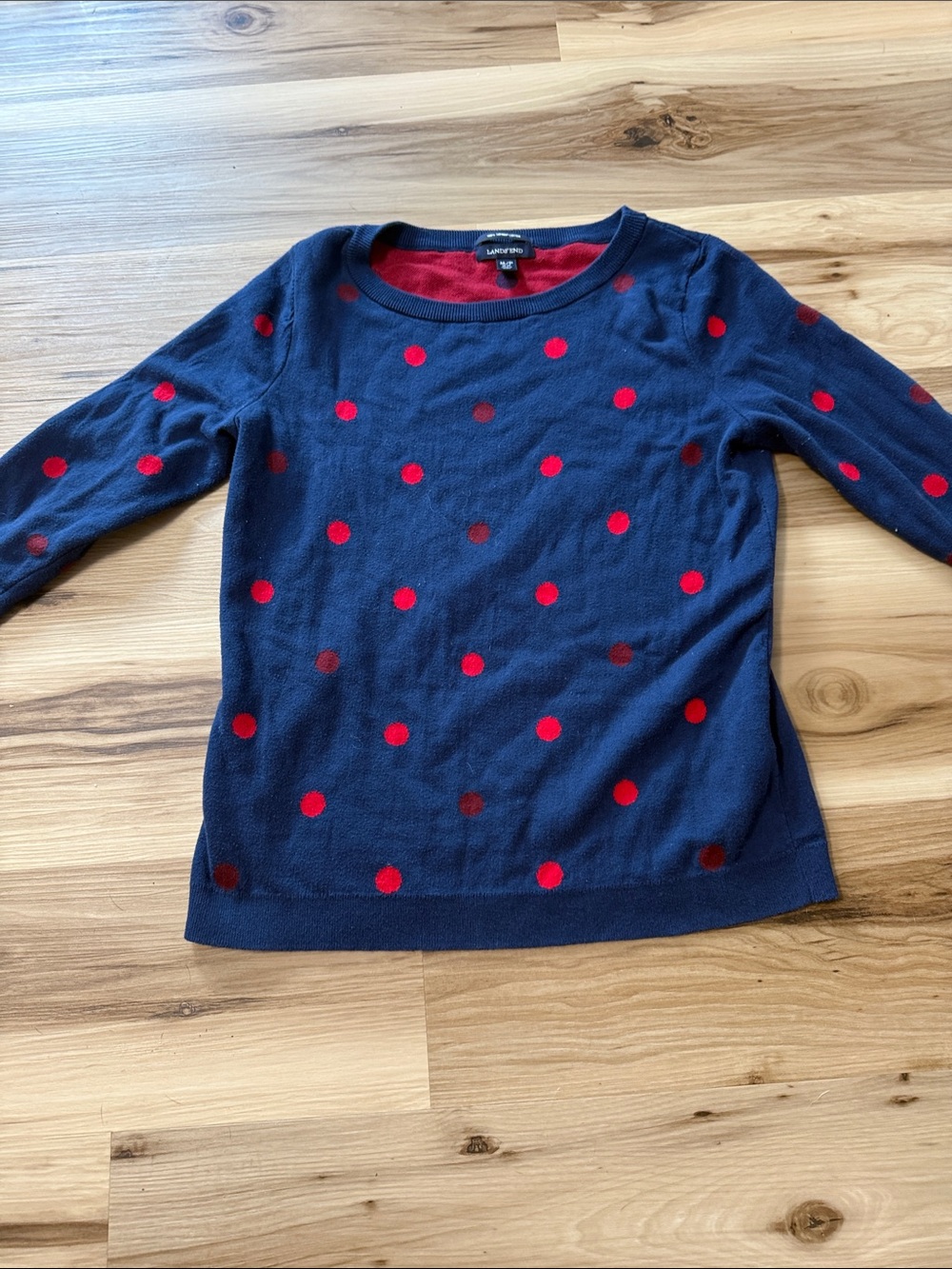 Land’s Land Navy Scoop Neck Sweater with Red Polka Dots